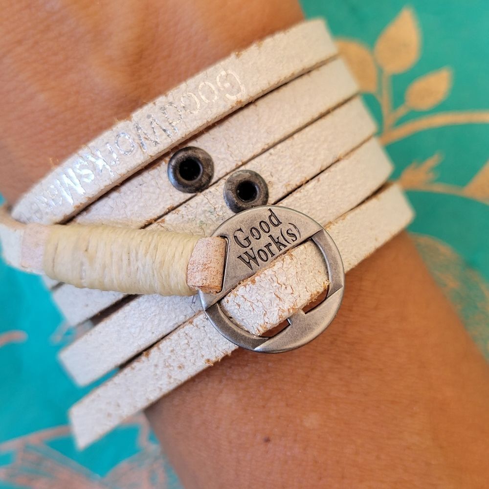 GOOD WORK(S) White Leather Wrap Bracelet w/Bible quote